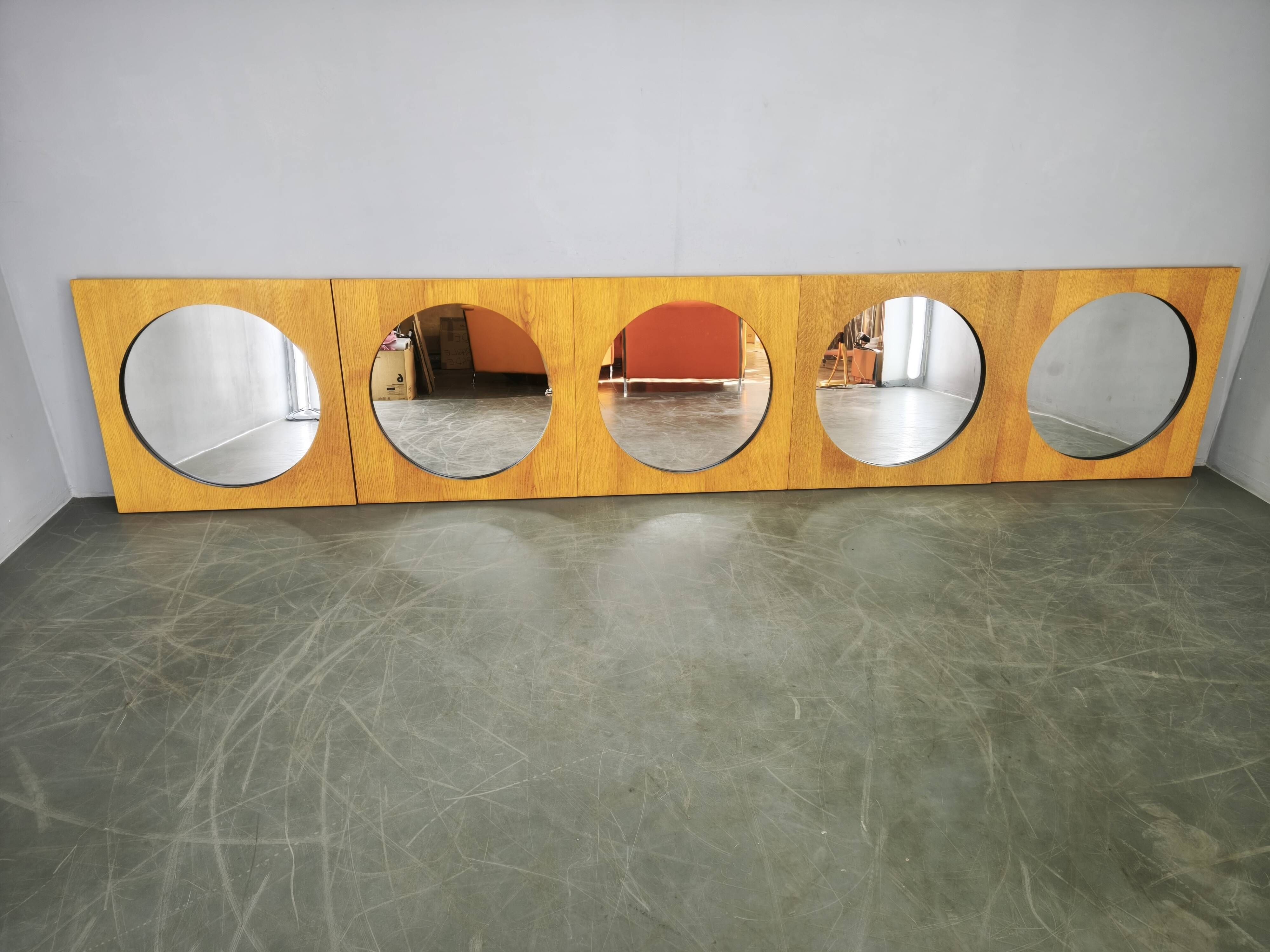 Vintage 1970s Czech Oak Veneer Square Mirror with Circular Glass
