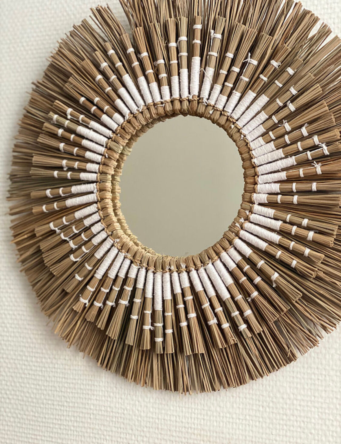 White bohemian raffia rattan and macrame sun mirror 40cm