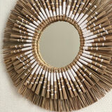 White bohemian raffia rattan and macrame sun mirror 40cm