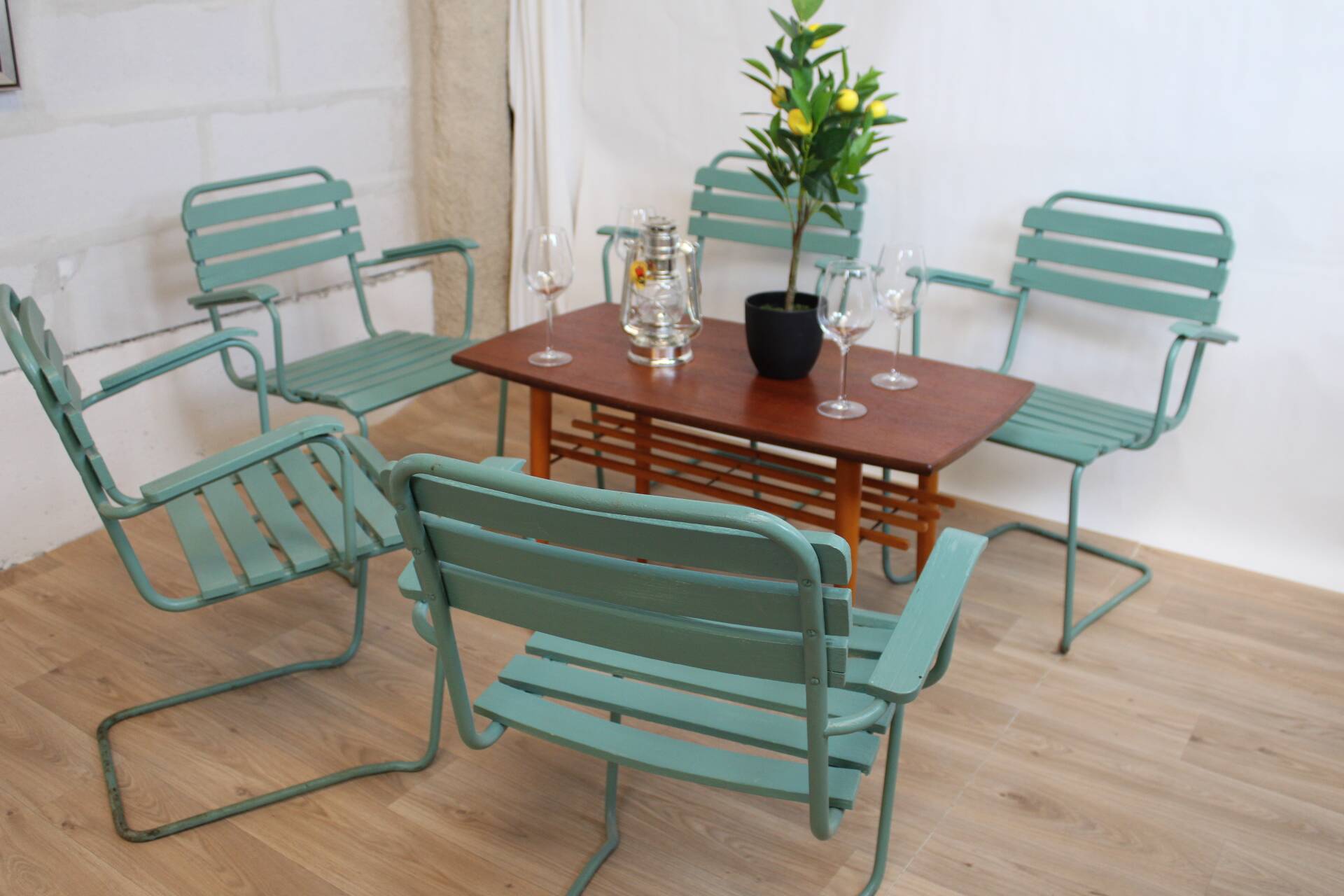 Garden chairs set of 5 in metal and painted stackable wood 1960 denmark