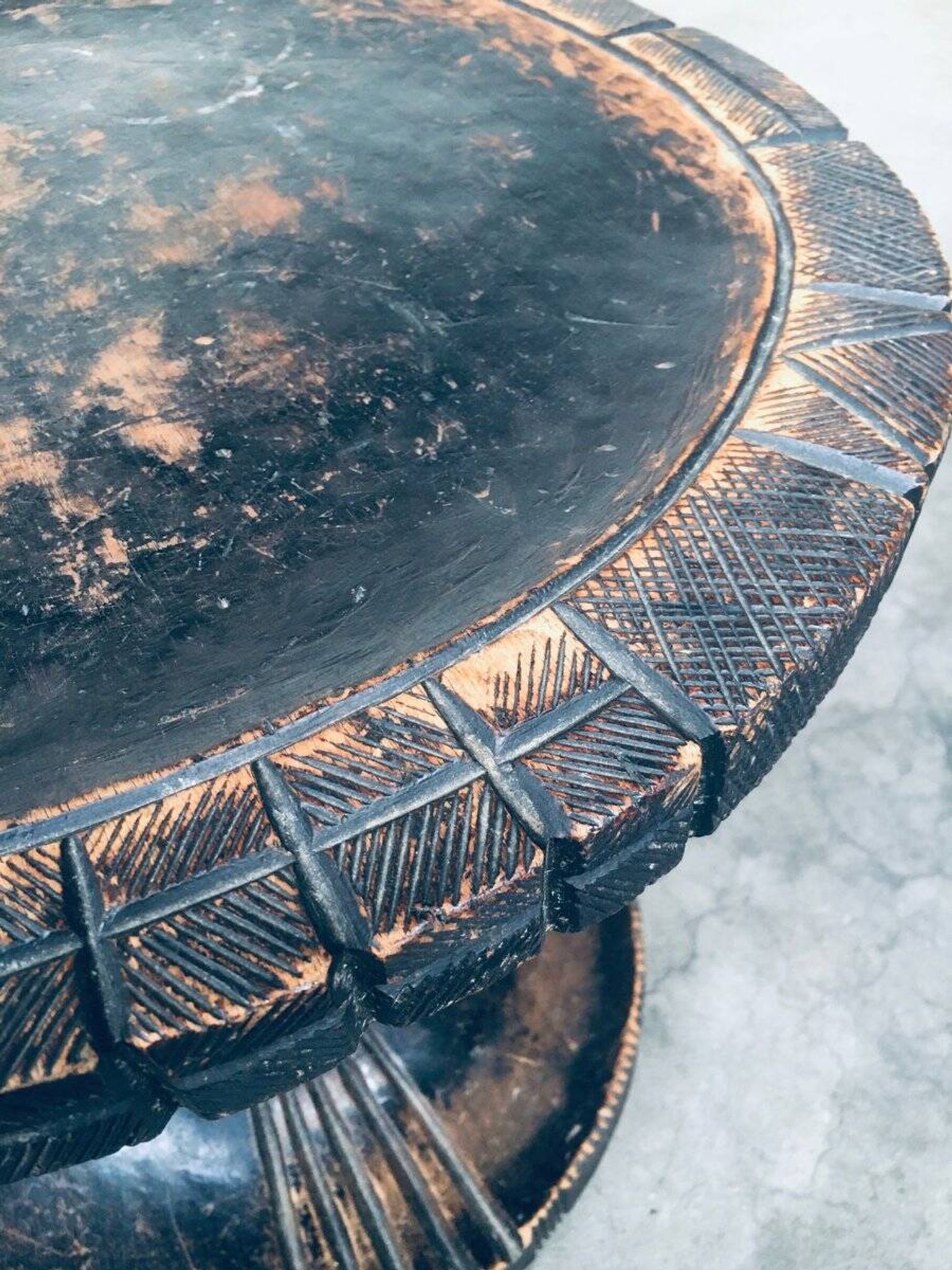 Handcrafted Low Stool in Carved Stained Wood, Africa, 1950s