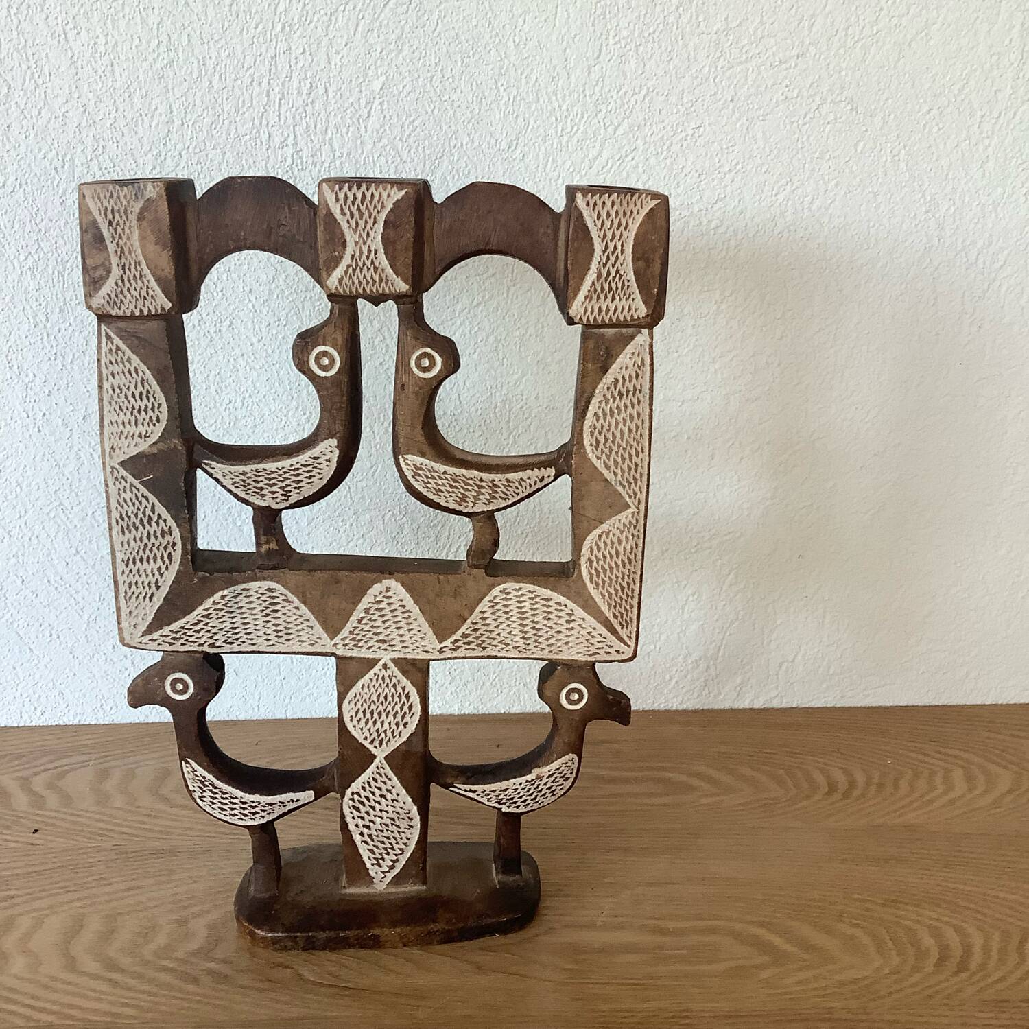 Vintage Candle Holder 70's Cut Stone Plaster Birds