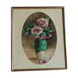 Ancient watercolor of roses blooming in a rustic pot