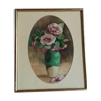 Ancient watercolor of roses blooming in a rustic pot