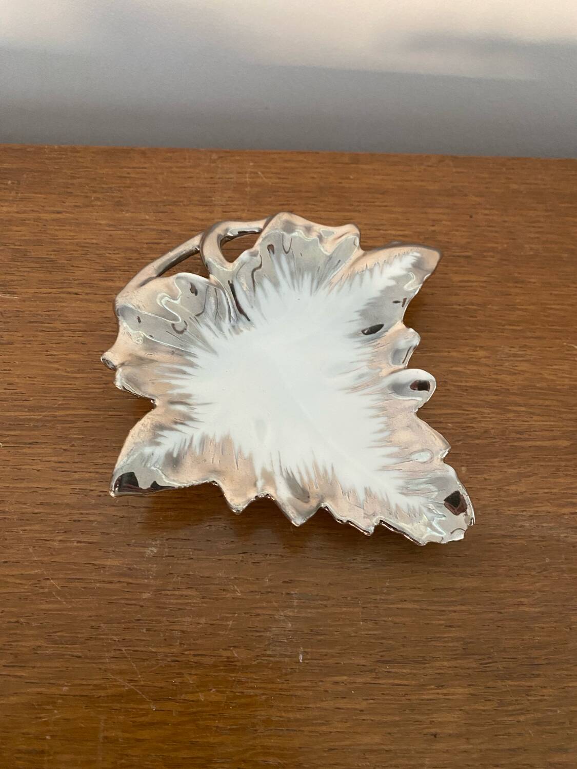 Antique limoges porcelain butter dish leaf shape white & chrome vintage