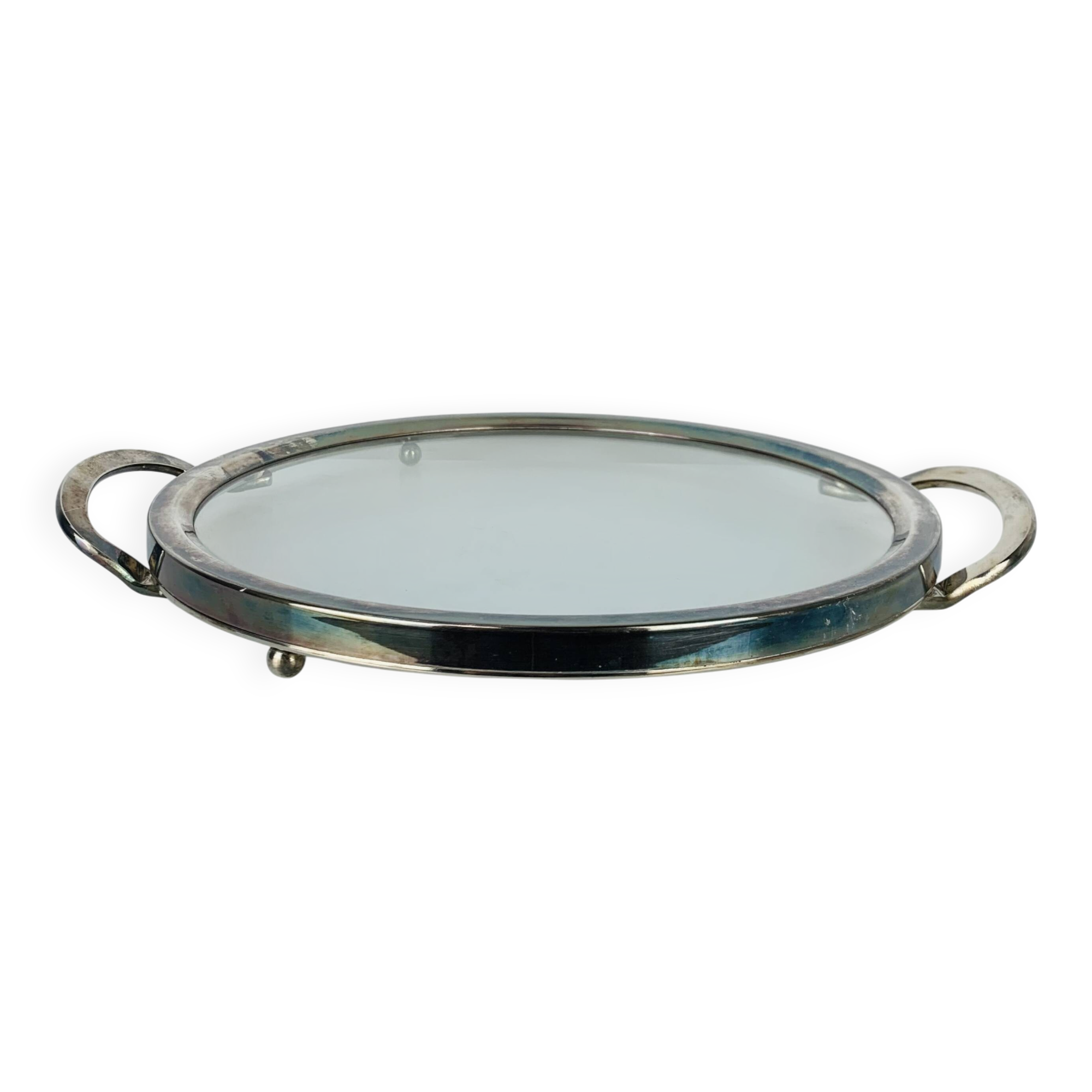 Plateau en métal argenté et verre, vintage