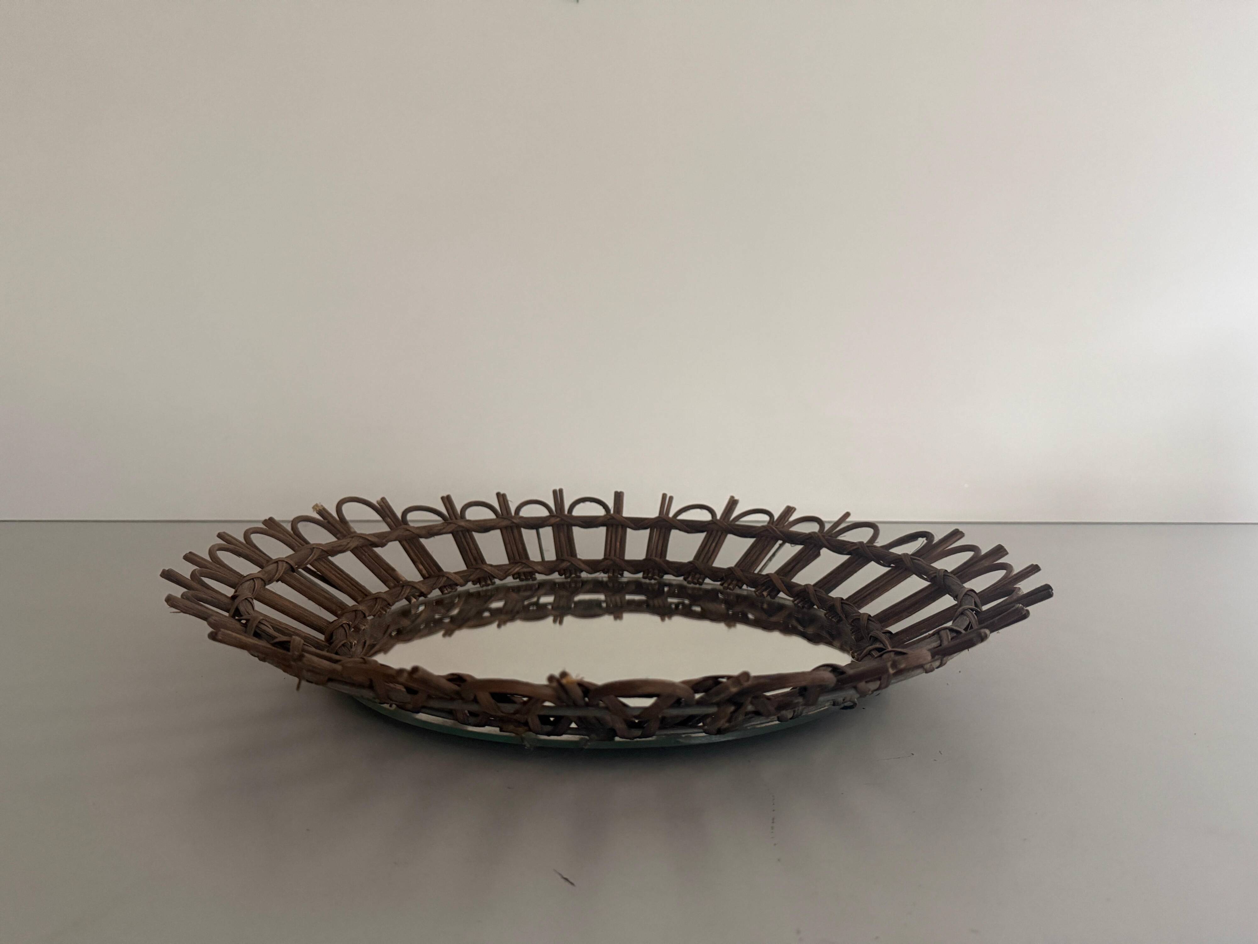 Round wall mirror with a modern mid-century wooden frame, 1960s, Germany.