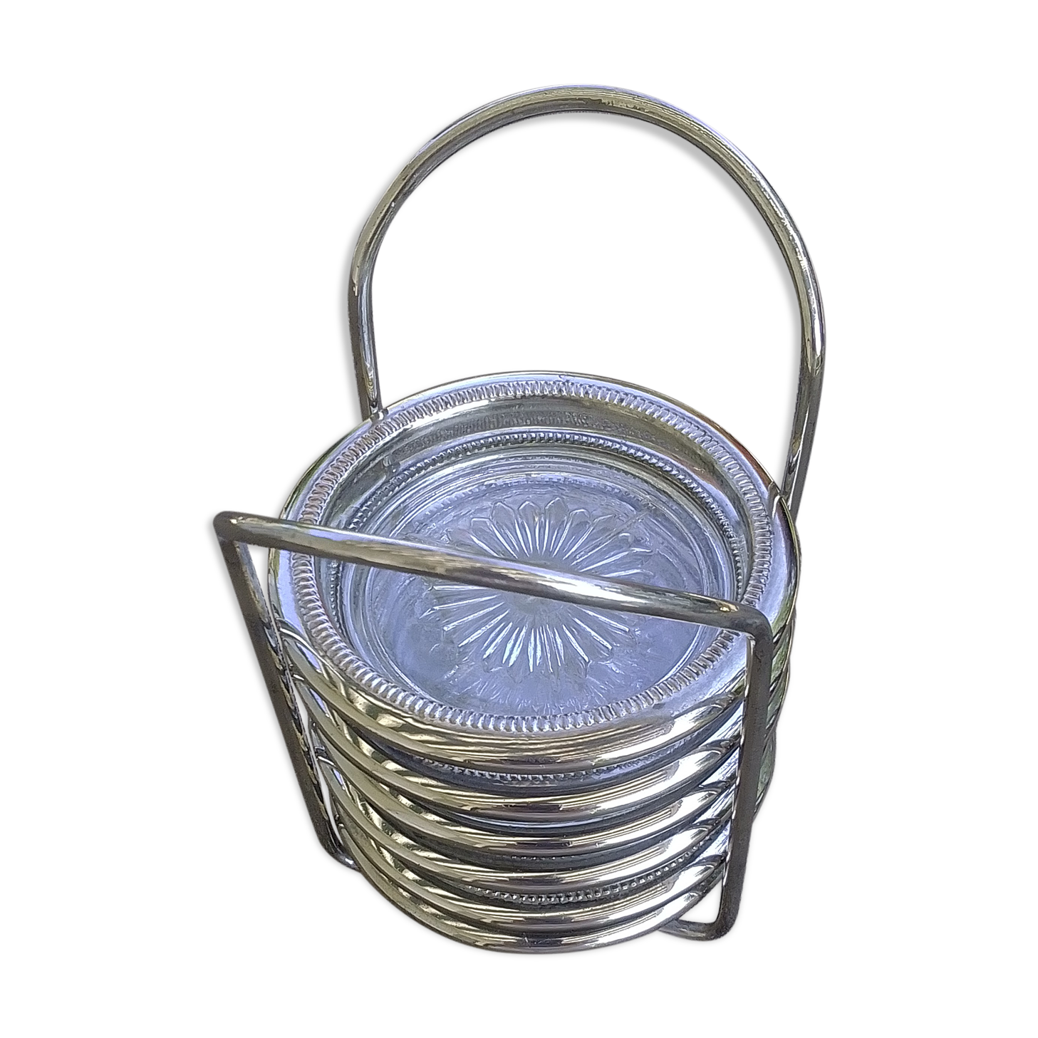 6 coasters and silver metal support