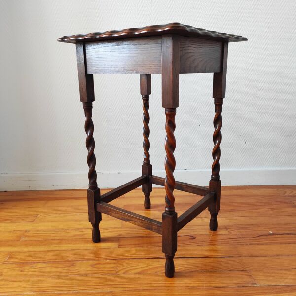 Guéridon ancien chêne massif, piètement bois tourné