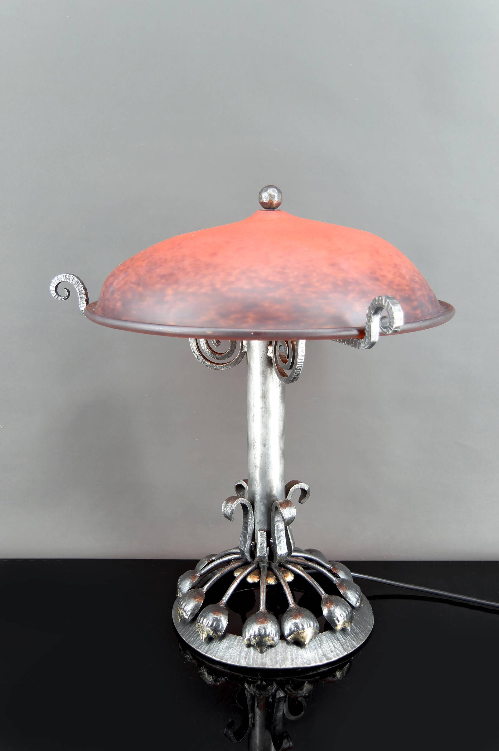 Important Stylized Wrought Iron Lamp with Glass Dome, c. 1930