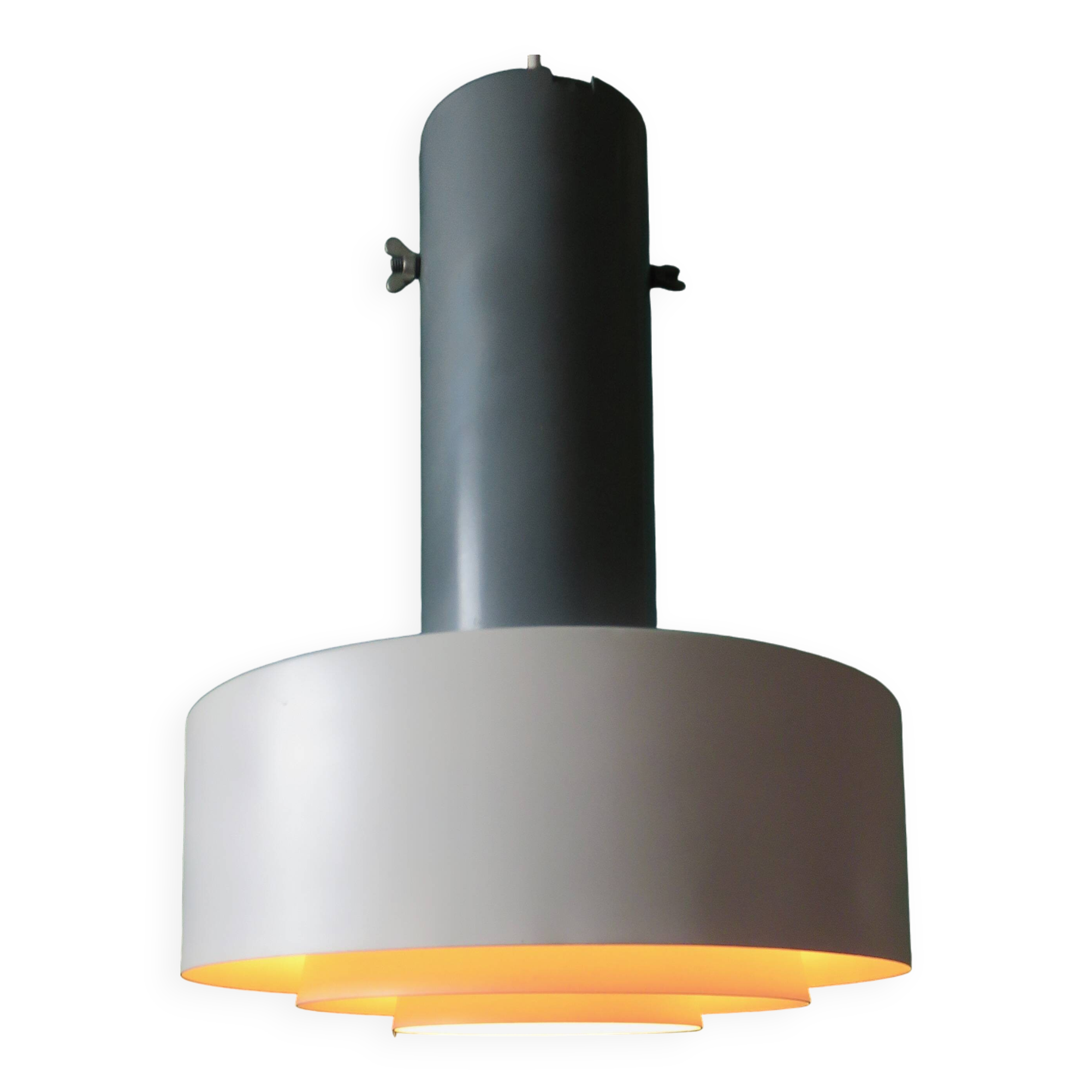 Large industrial pendant light in anthracite and white lacquered metal. Denmark, 1960