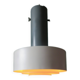 Grande suspension industrielle en métal laqué antracite et blanc. Danemark 1960