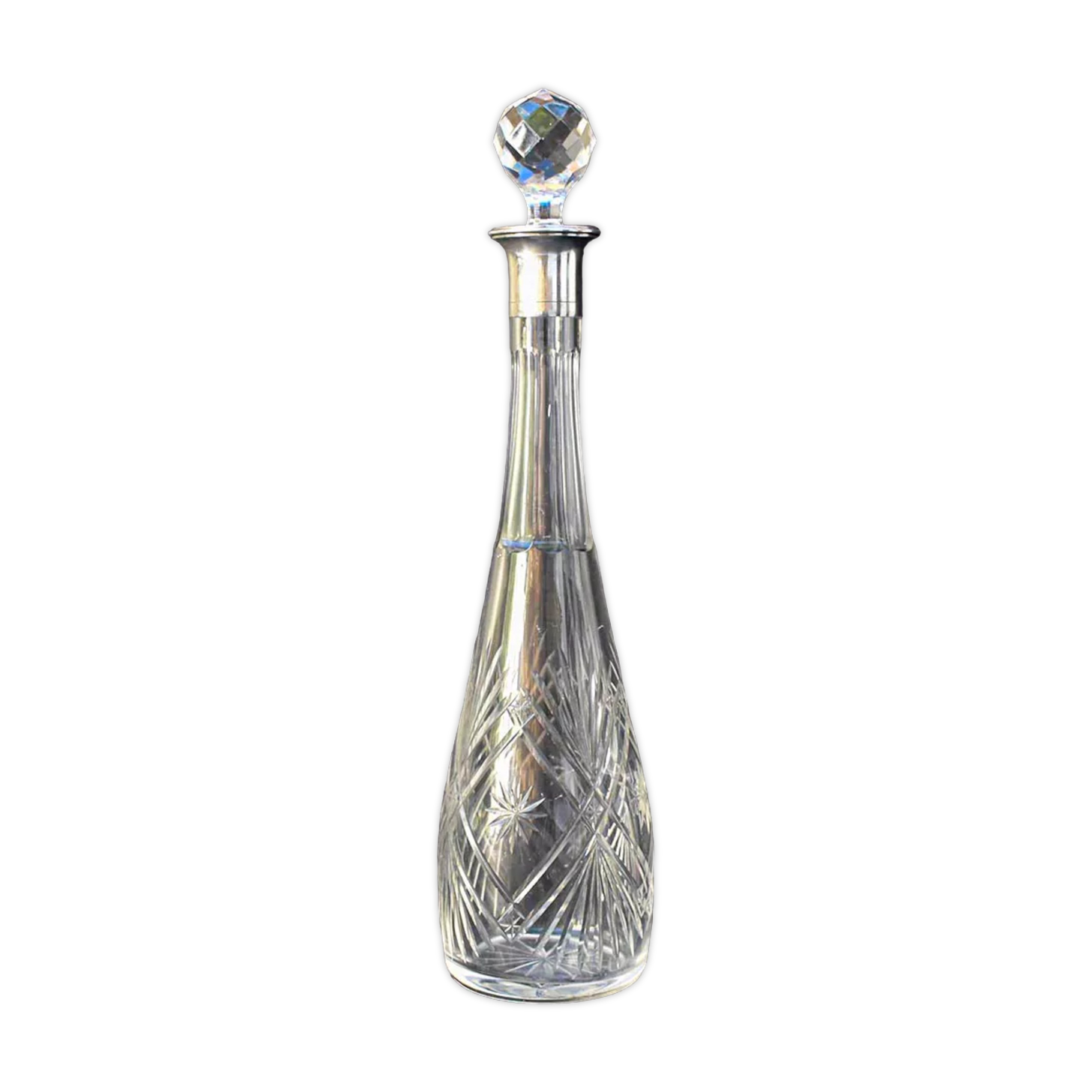 Carafe with antique glass liquor with diamond cap cut crystal silver frame