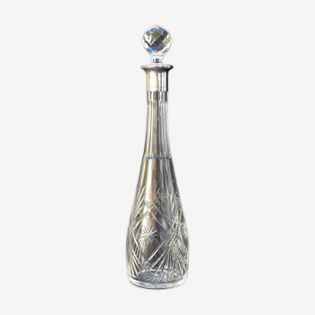 Carafe à liqueur ancienne verre avec bouchon diamant taillé cristal monture argent