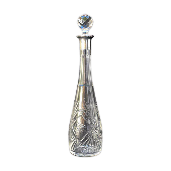 Carafe à liqueur ancienne verre avec bouchon diamant taillé cristal monture argent