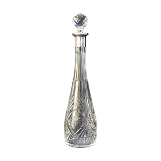 Carafe à liqueur ancienne verre avec bouchon diamant taillé cristal monture argent