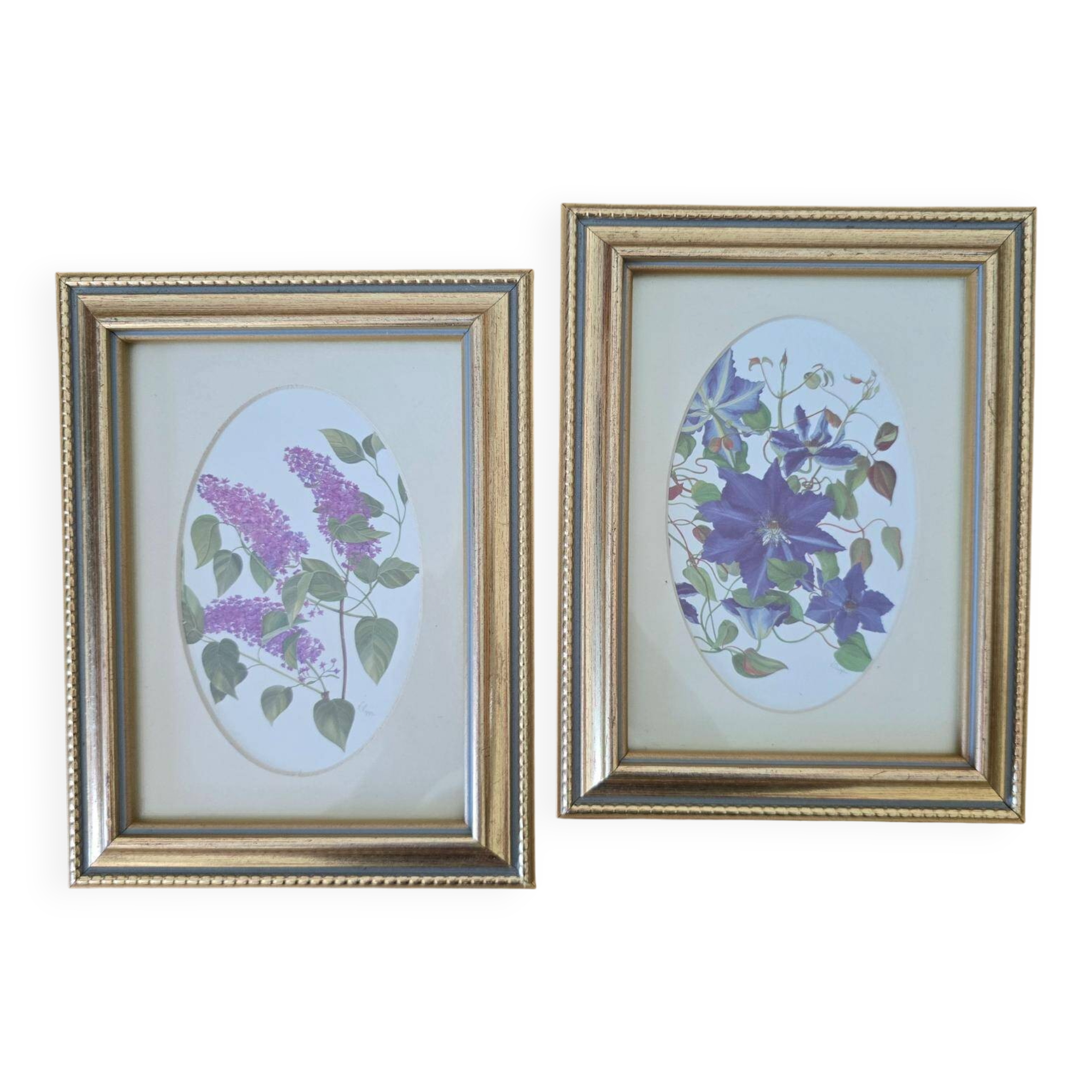 Set of 2 gilded frames under glass – V. Mappin purple flowers – 21.5 x 16.5 cm