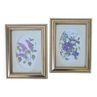 Lot 2 cadres dorés sous verre – V. Mappin fleurs violettes – 21,5 x 16,5 cm