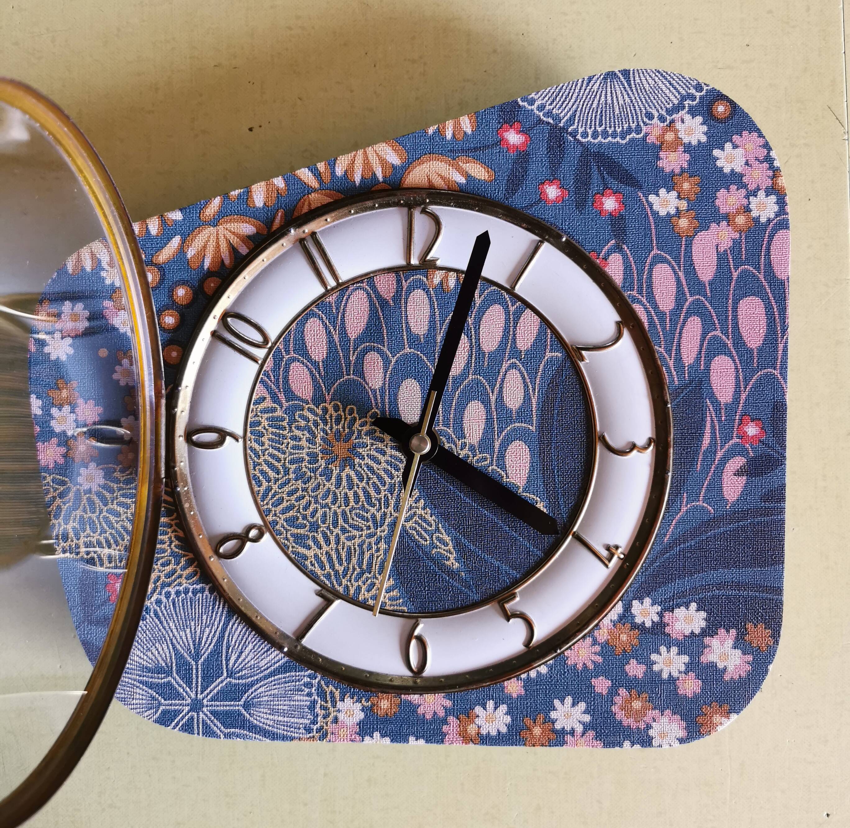 Vintage formica clock silent asymmetrical wall pendulum "Pink ocher blue"