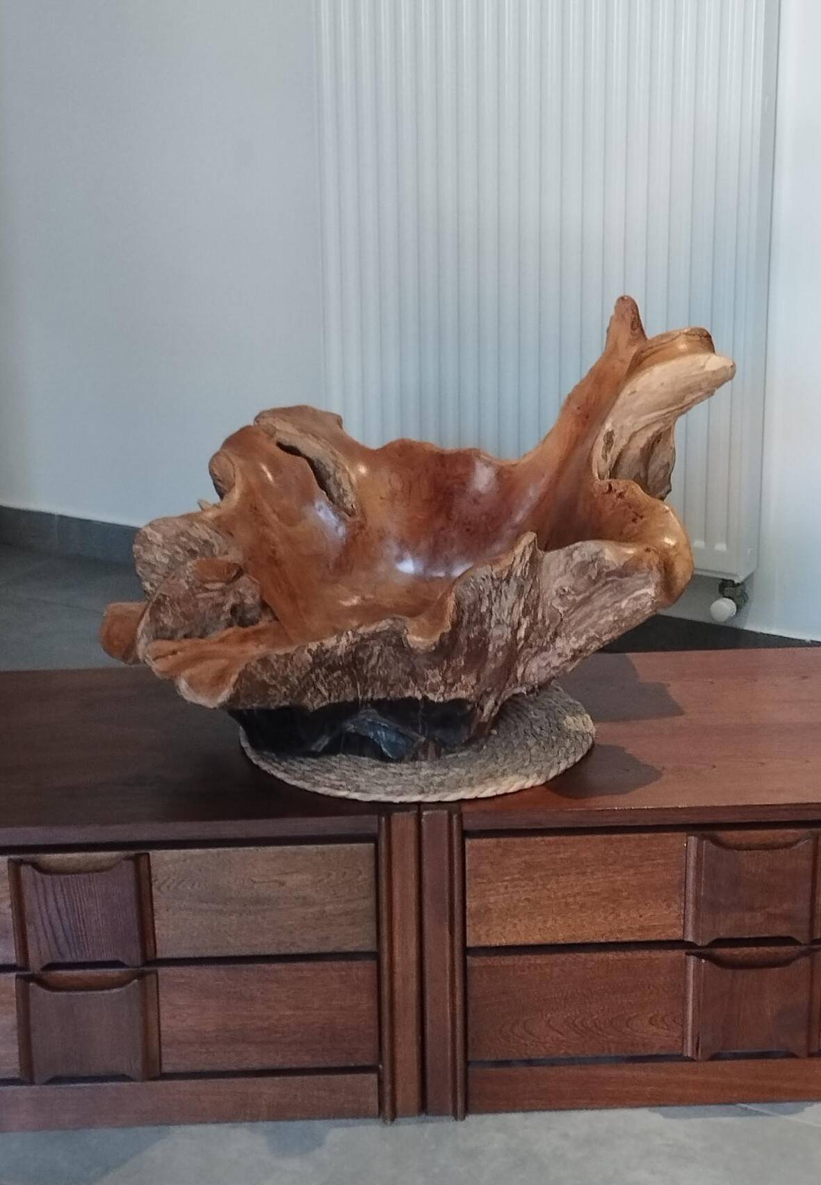 Sculptural wooden centrepiece, organic bowl, brutalist.
