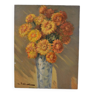 Claude PALLOT (1901-1987) "Nature morte au bouquet de fleurs jaunes" huile sur panneau signée