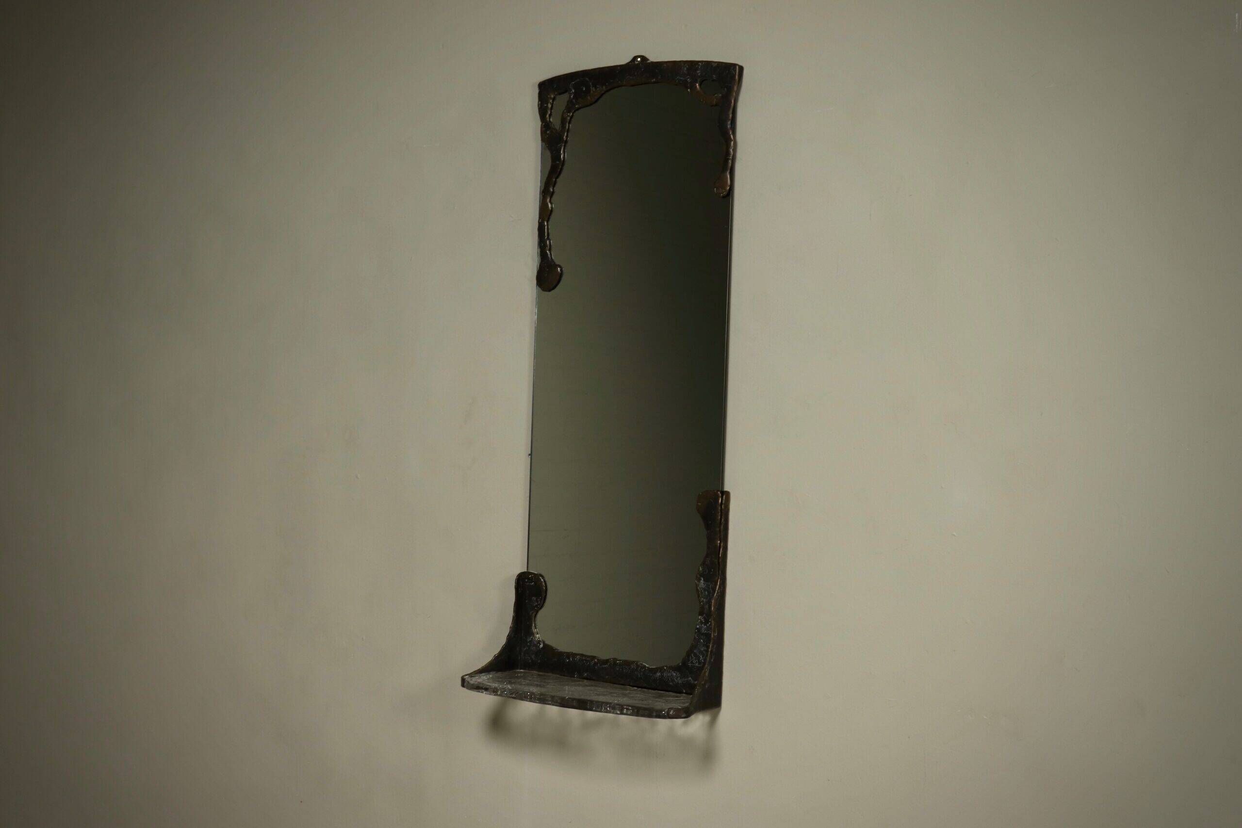 Lothar Klute sculptural bronze wall mirror with glass shelf 1990s