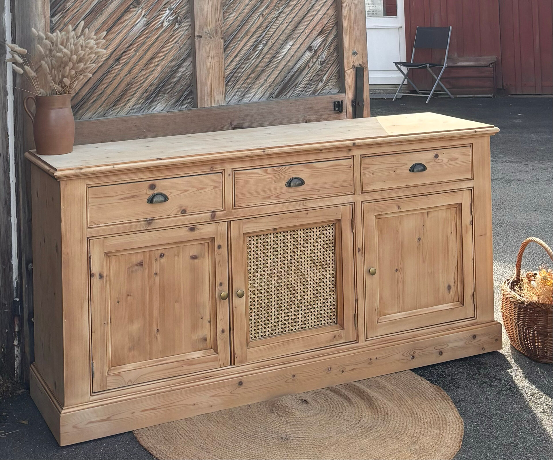 Renovated solid raw wood and cane sideboard - 3-door buffet
