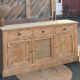 Renovated solid raw wood and cane sideboard - 3-door buffet