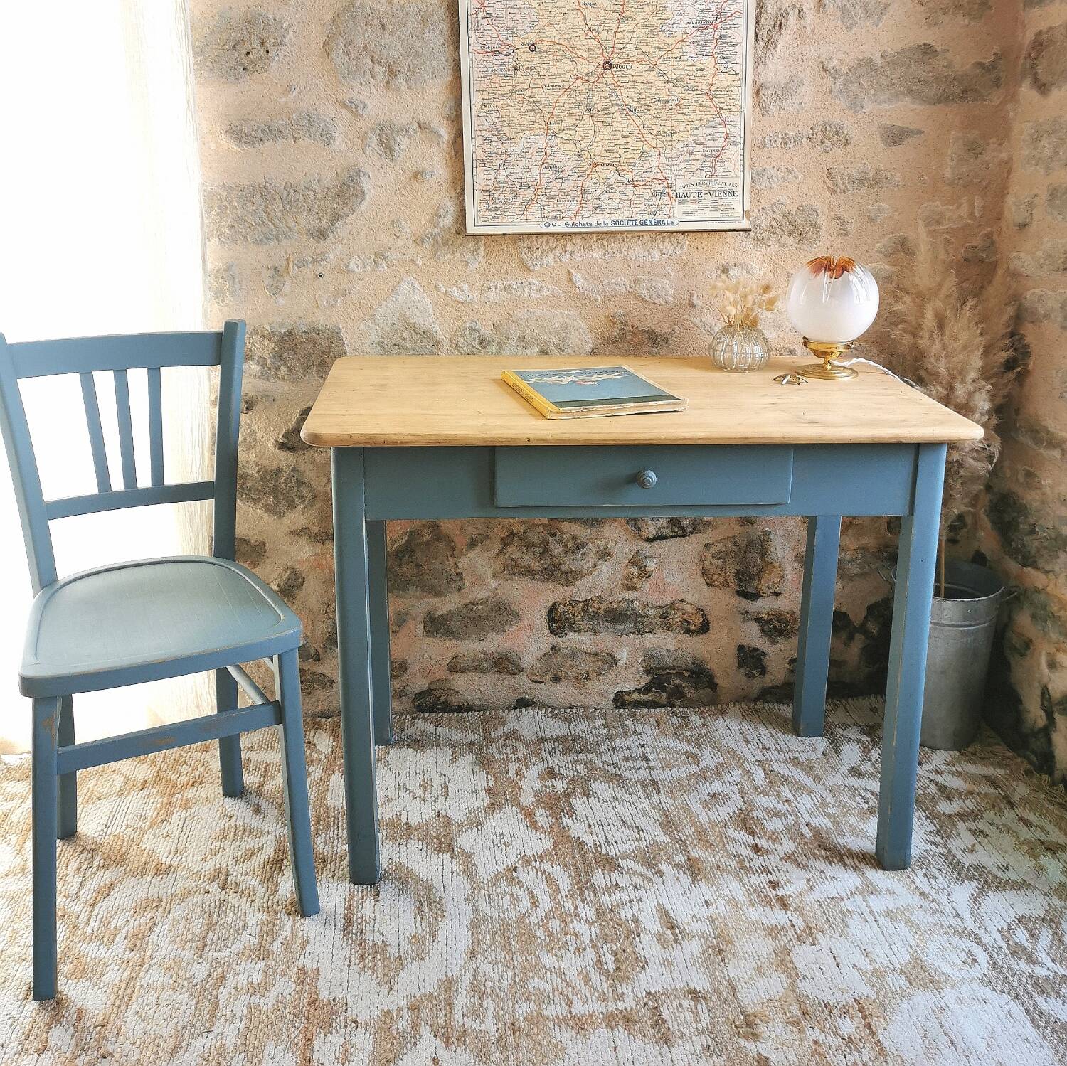 Blue patinated desk and chair