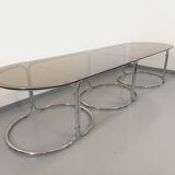 Large vintage modular oval dining table in smoked glass and chromed metal, Space Age style, 70s