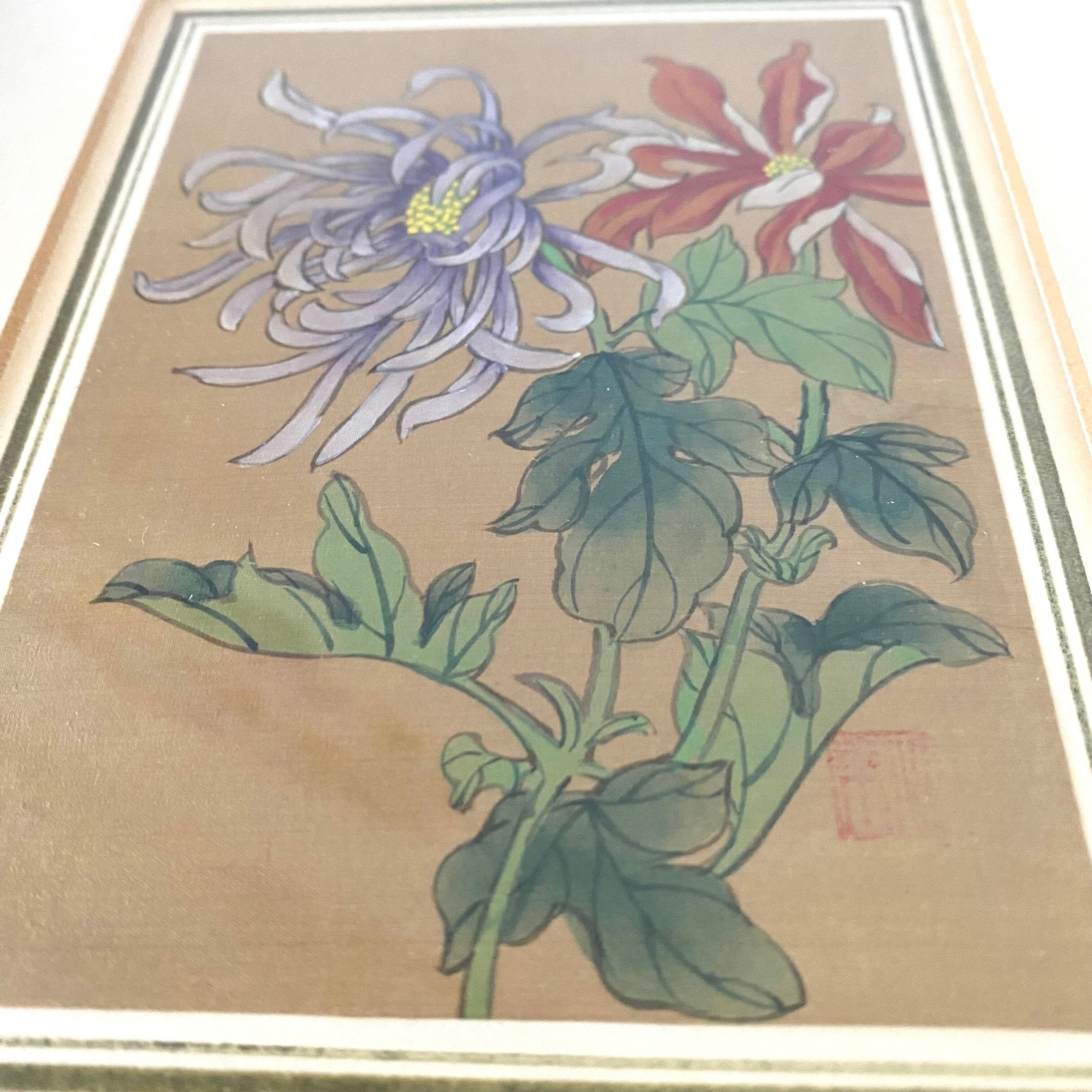 Painting on silk flowers gilded frame