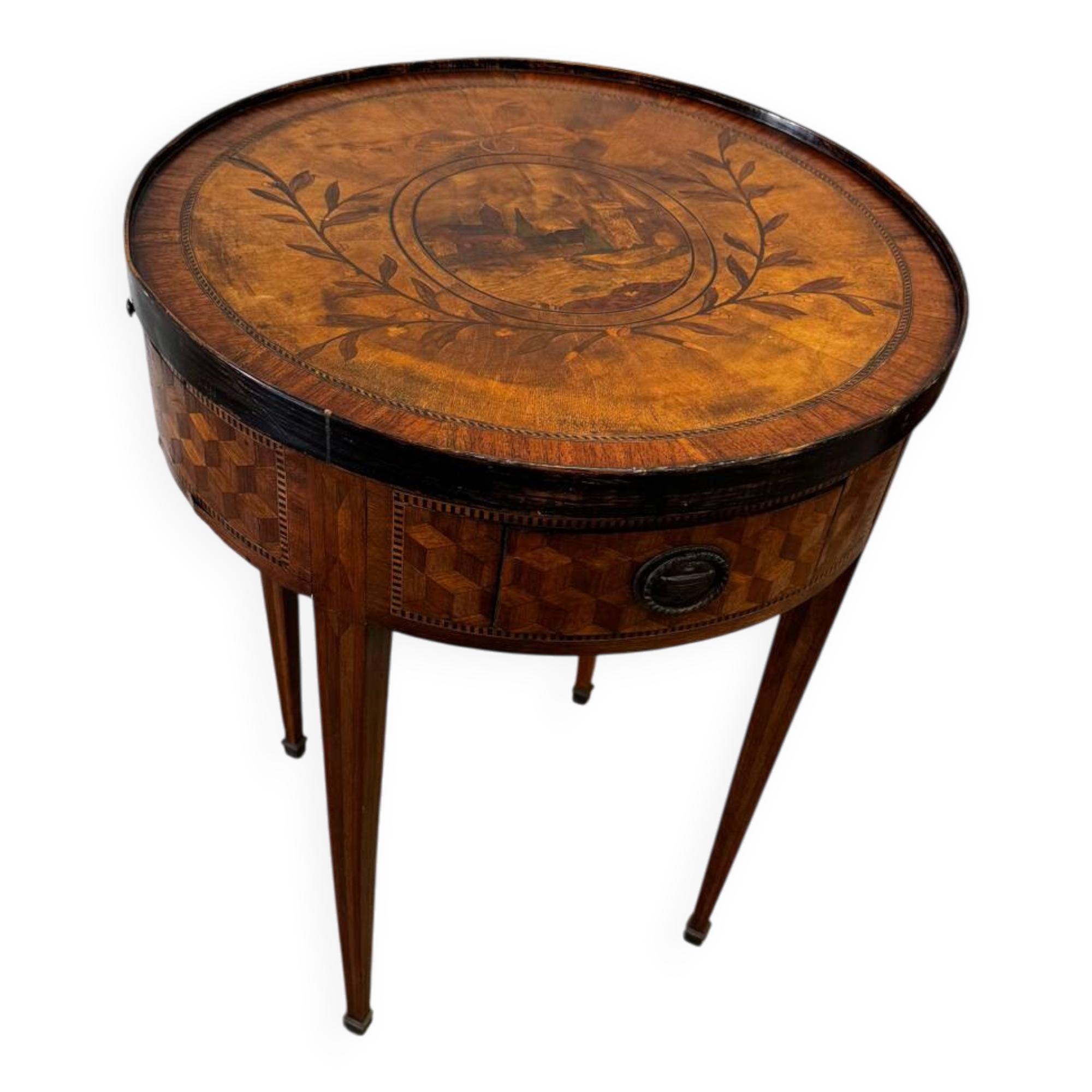 Bouillotte table/game table in Louis XVI style with marquetry circa 1900.