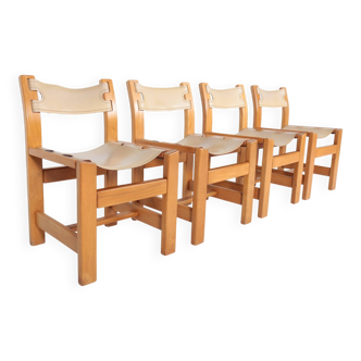 Set of 4 chairs in leather and solid elm - Maison Regain