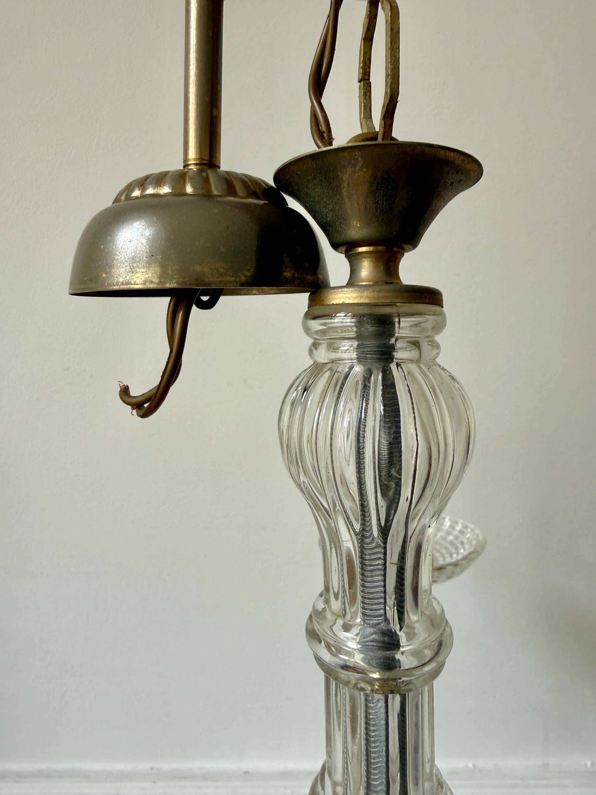 Vintage brass and glass three-branch chandelier