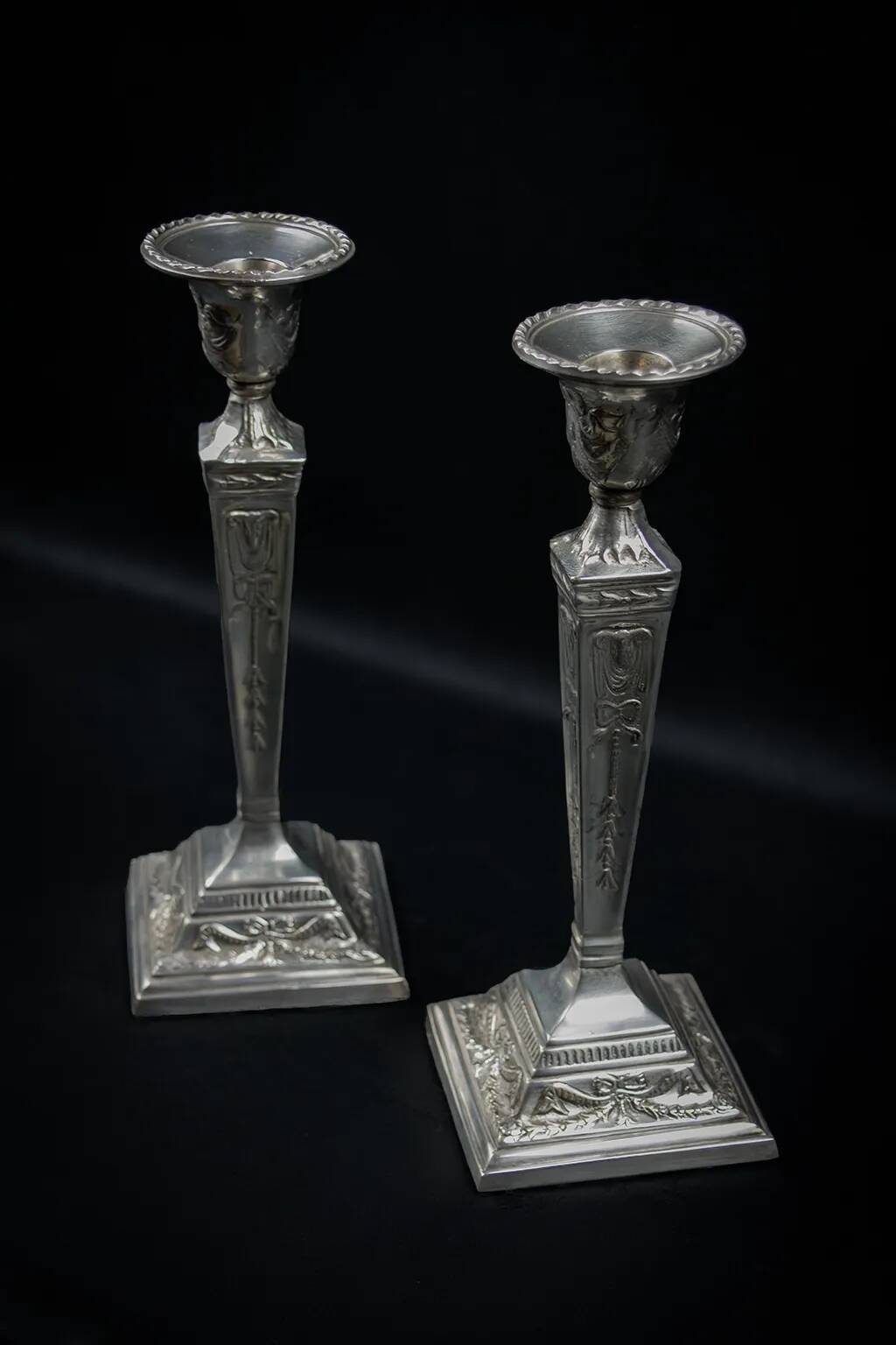 Pair of Neoclassical Victorian Silver Plated Candlesticks
