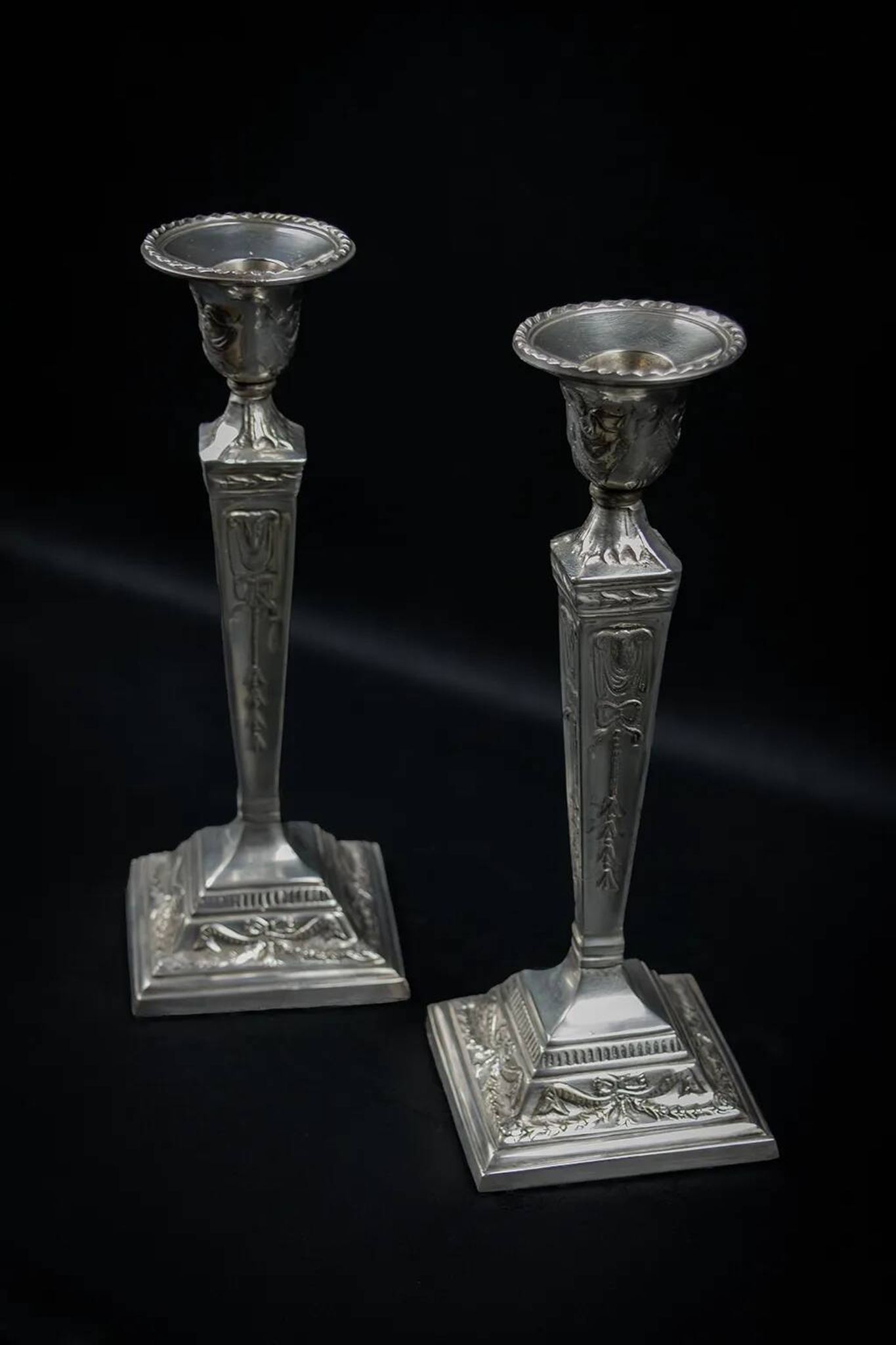 Pair of Neoclassical Victorian Silver Plated Candlesticks
