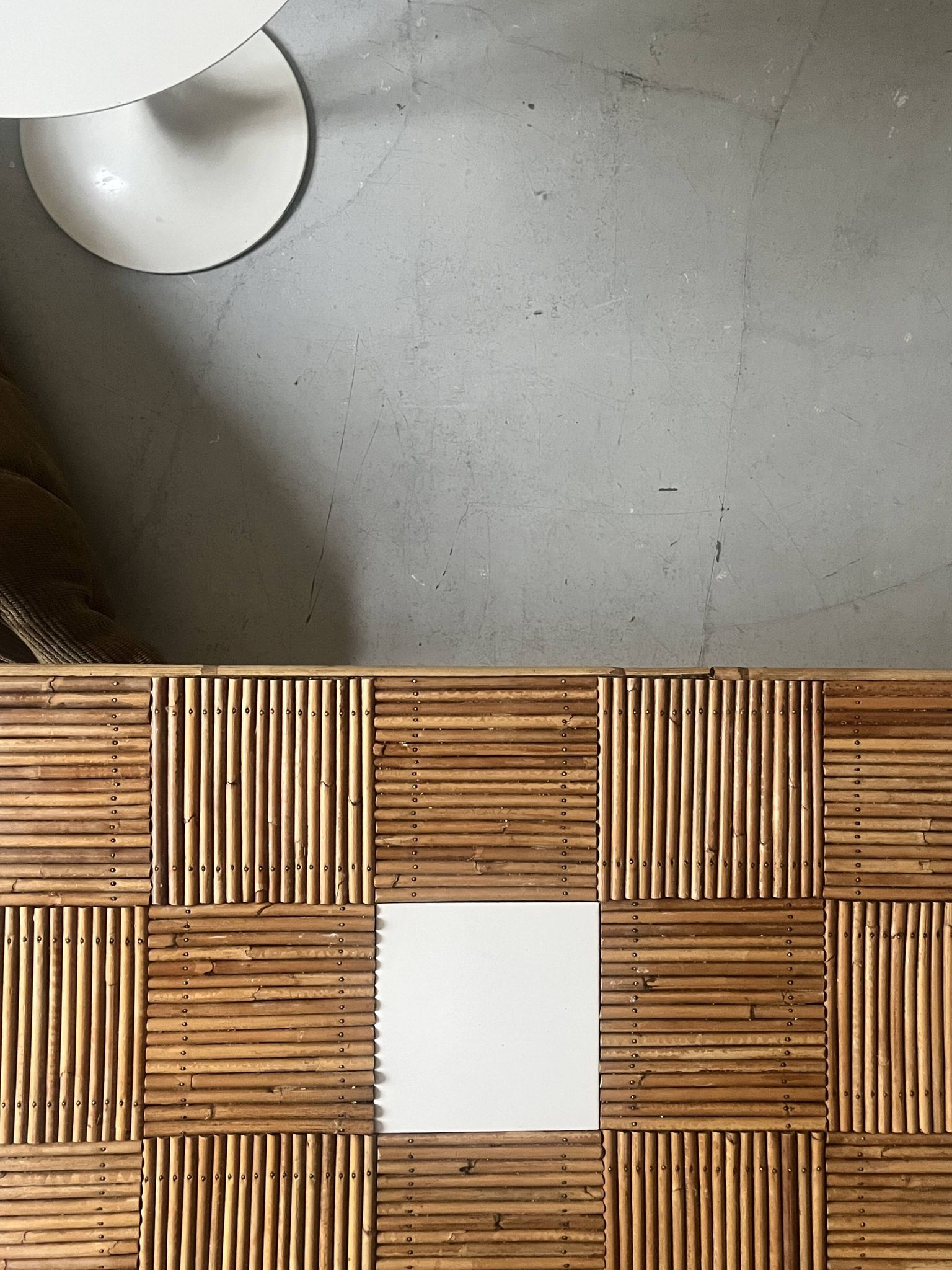 Large Audoux style coffee table in bamboo, rattan & ceramic, France 60