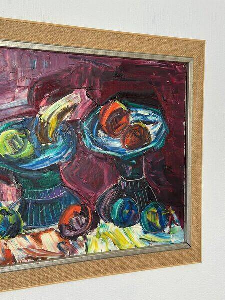 Original mid-century European oil on canvas – “Still Life” by Roy – dated 1969 – vintage & framed – 75 × 64 cm (29.5" × 25.2")