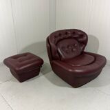 French burgundy leather space age lounge chair & footstool 1970’s