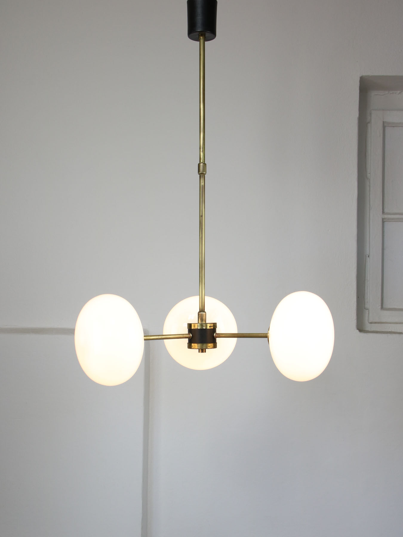Mid-century brass and opaline glass chandelier