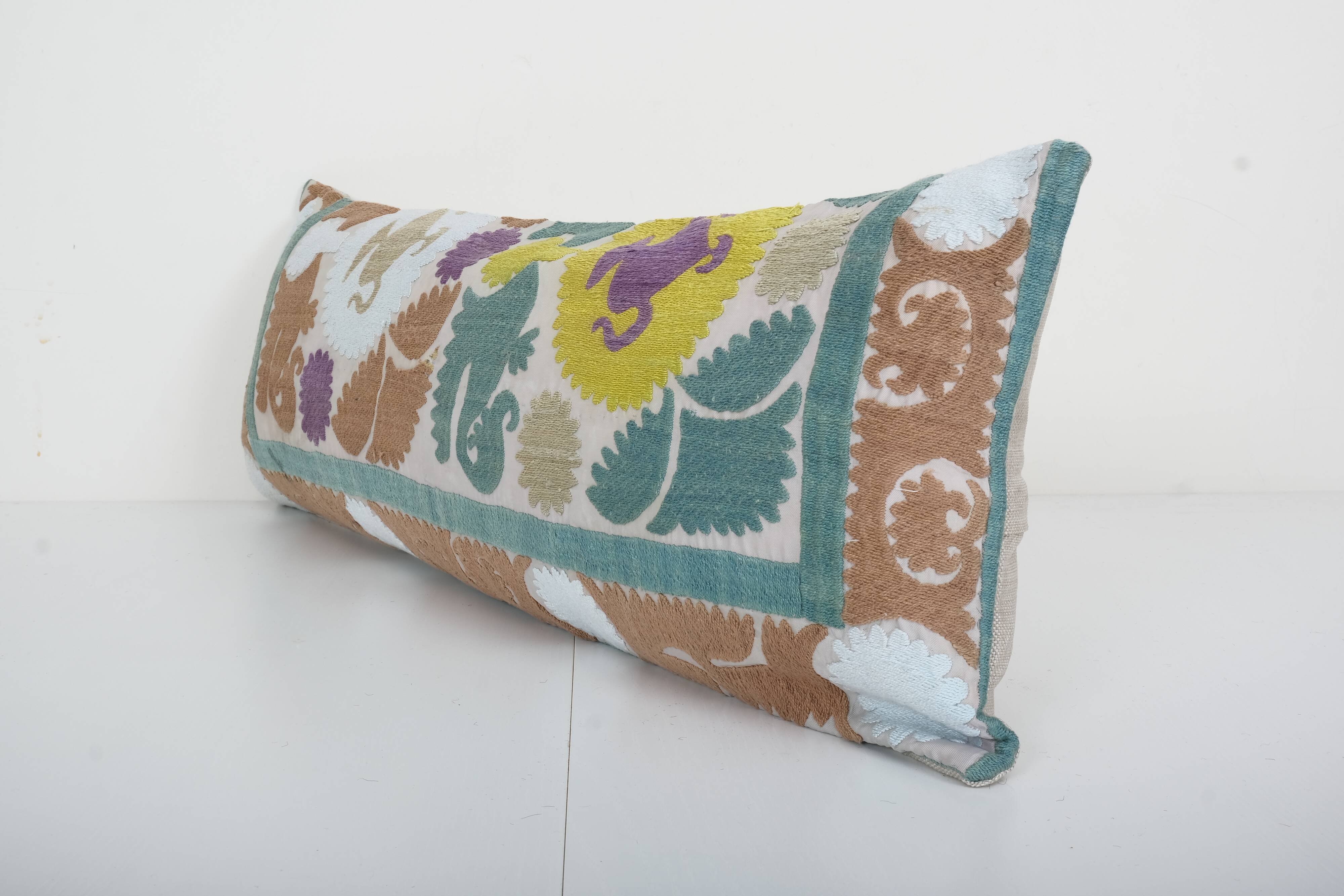 10" x 30" Lumbar King Bed Vintage Cotton Suzani Pillow Cover, Exquisite White Washed Colorful