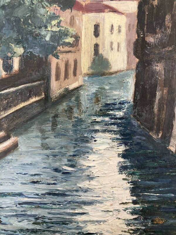 Huile sur panneau cours d'eau vintage