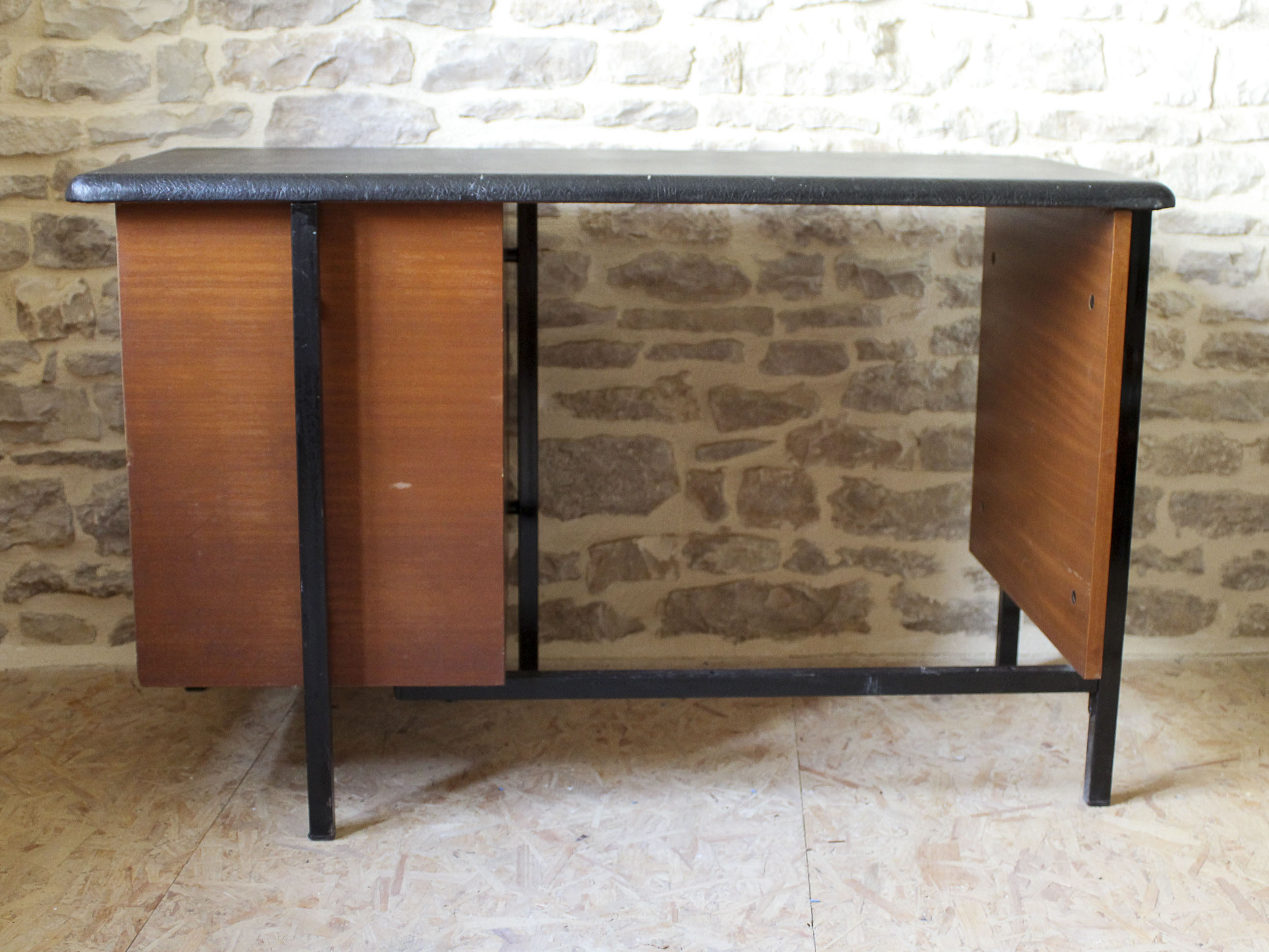 Desk 60s in metal wood and imitation leather
