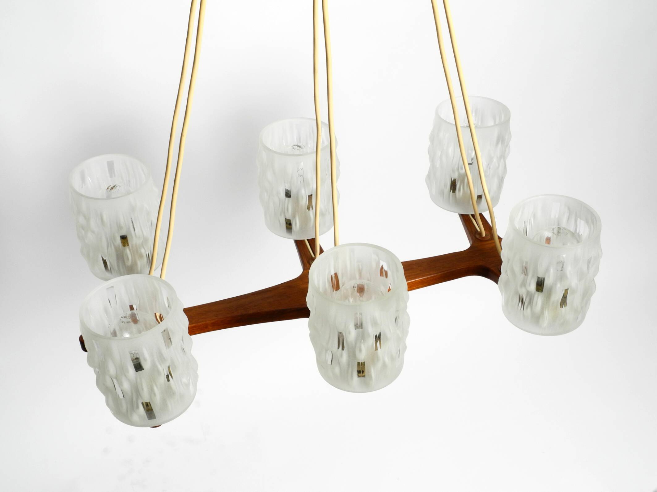 Beautiful 6-armed Scandinavian 1960s ceiling lamp made of teak and with gla