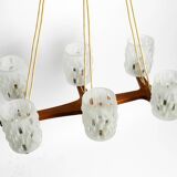 Beautiful 6-armed Scandinavian 1960s ceiling lamp made of teak and with gla