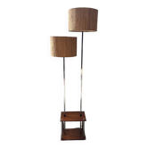 Lampadaire double abat jour en teck et chrome