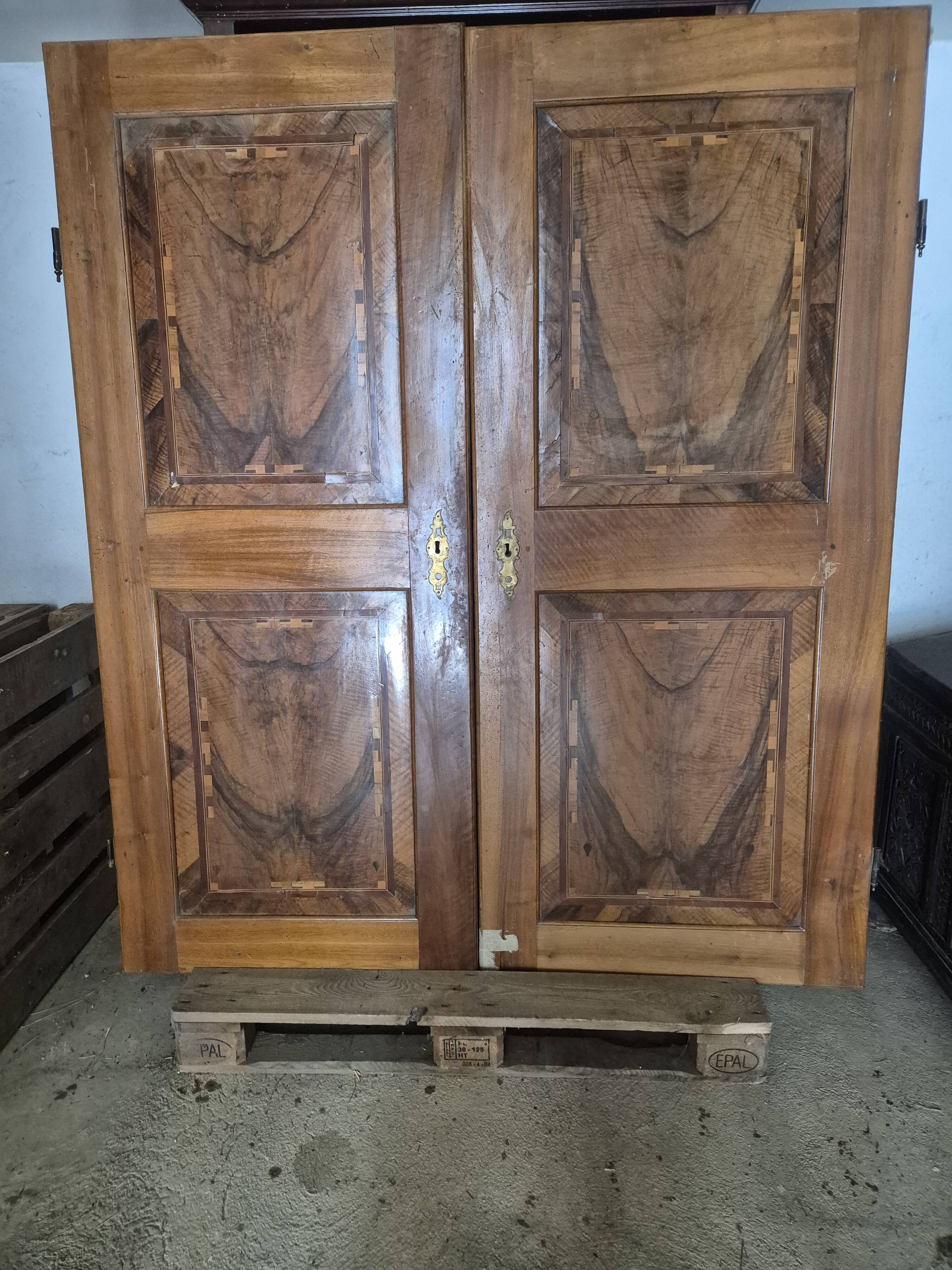 Pair of doors in walnut and walnut burl, 19th century.