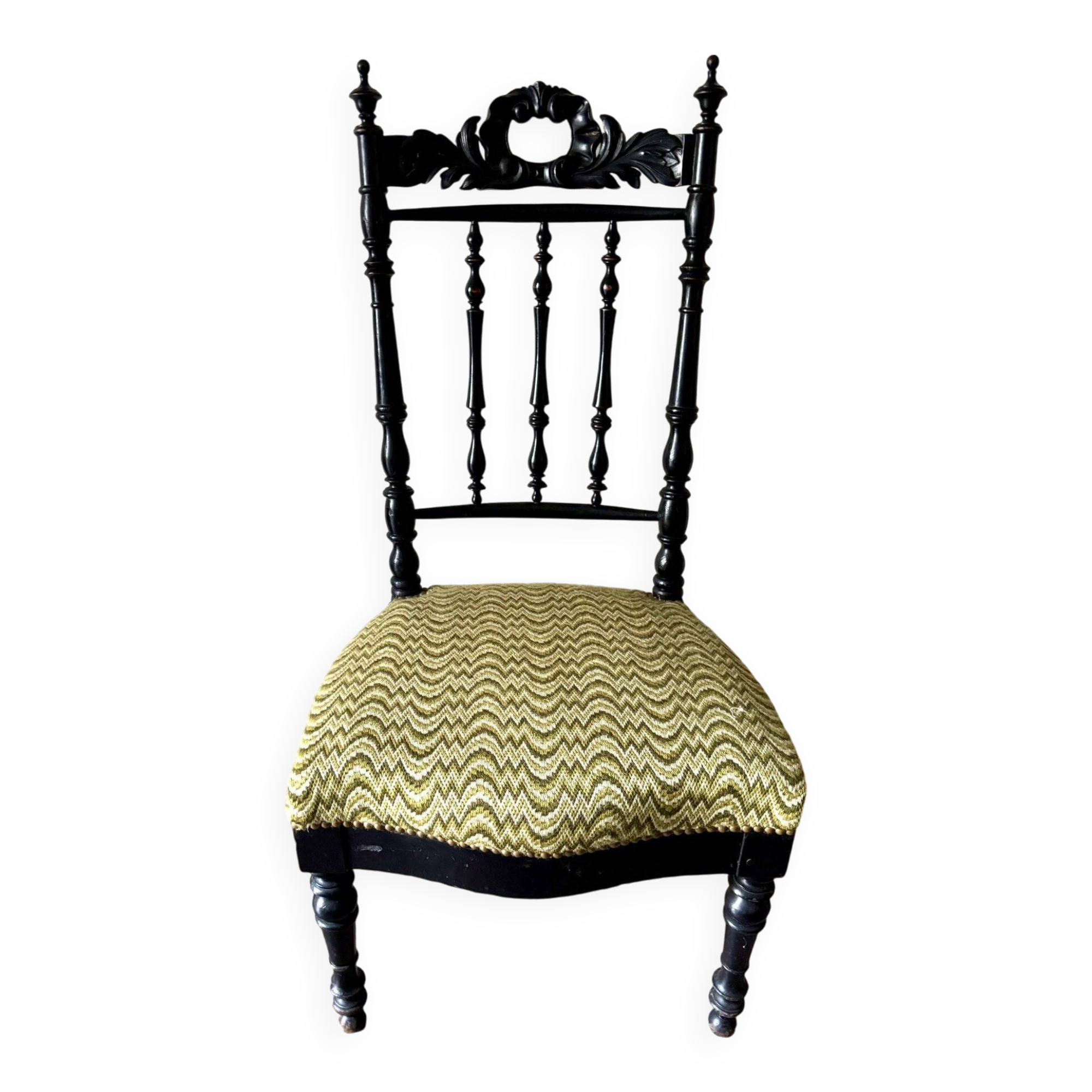 Black turned wood and green wool chair