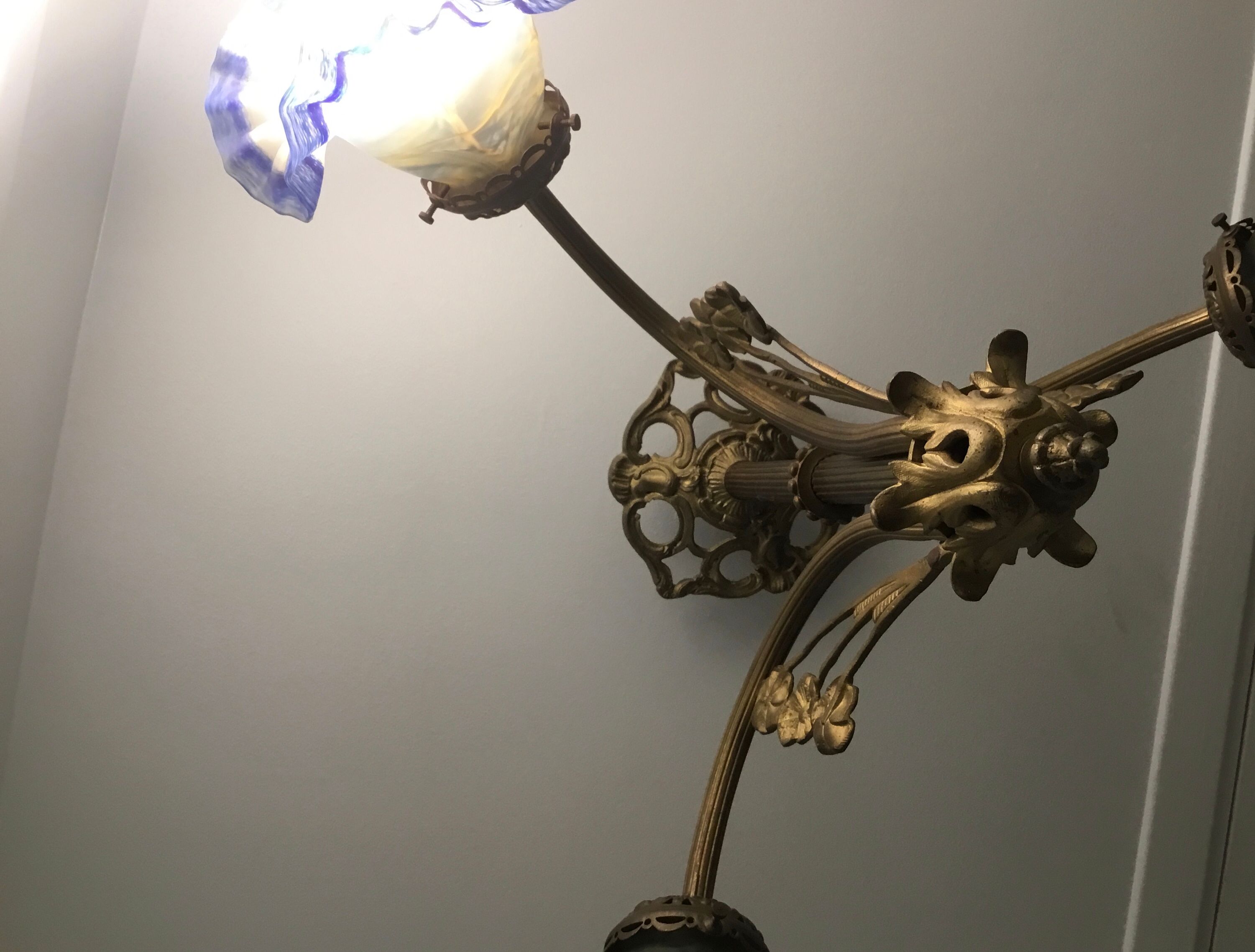 Art Deco style chandelier, bronze and glass paste tulips
