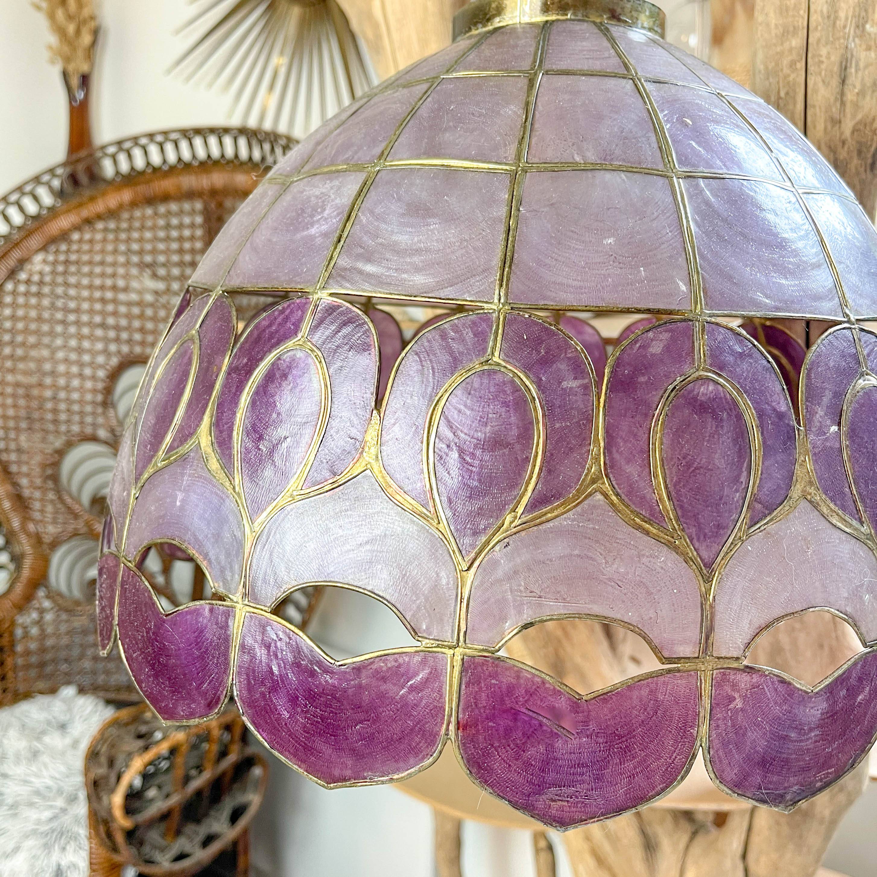 Vintage two-tone purple capiz mother-of-pearl and brass pendant light – art deco style chandelier